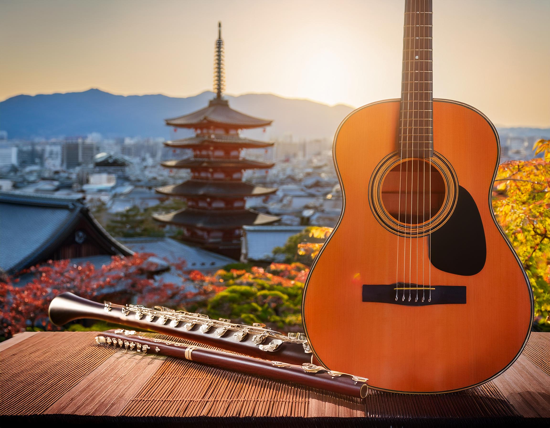 京都の風景を背景に並ぶギターとフルート